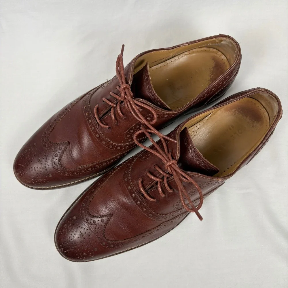 Cole Haan Wingtip Oxford 9.5M Brown Leather Brogue Grand.OS Dress Shoes Business - Picture 2 of 10